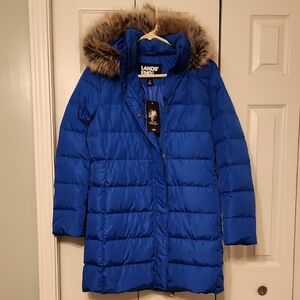 Lands' End Royal Blue Down Puffer Parka Jacket with Faux Fur Hood NWT Size S